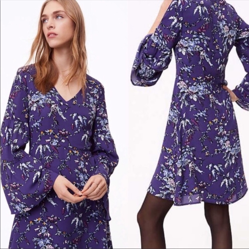 Loft purple floral print dress poet sleeve size 4P